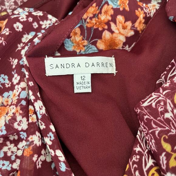 Sandra Darren Burgundy Floral Balloon Sleeve V-Neck Babydoll Mini Dress 12 NWT - Picture 4 of 15